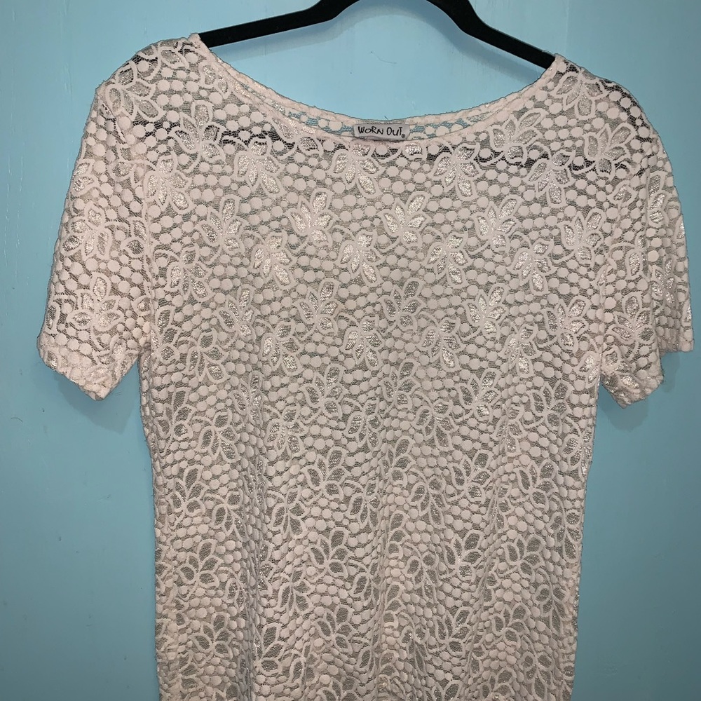 Worn Out Women's Large Vintage Coastal White Lace Short Sleeve Top